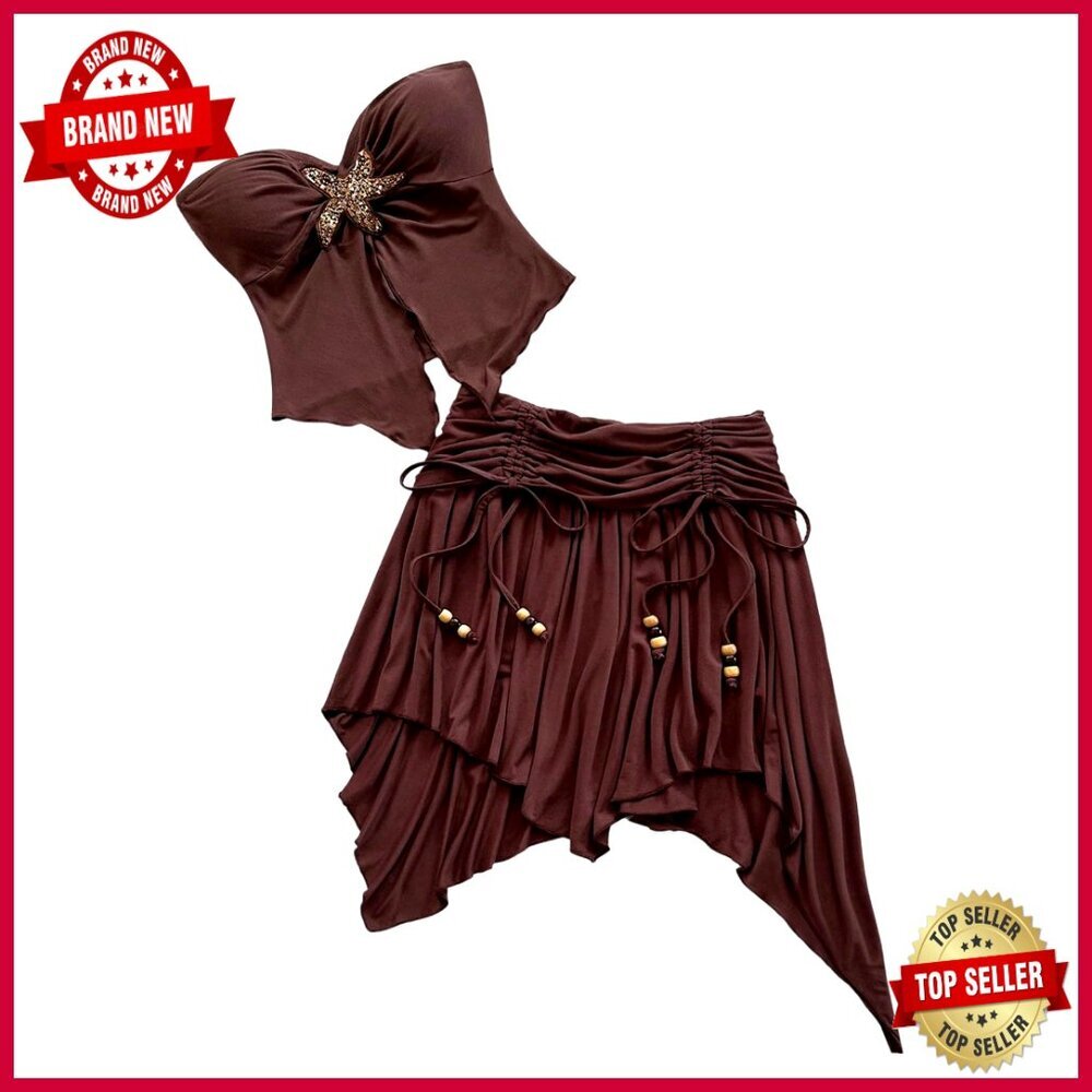 Large Strapless Tube Top and Ruched Skirt Set, Y2K Style, Rayon Blend